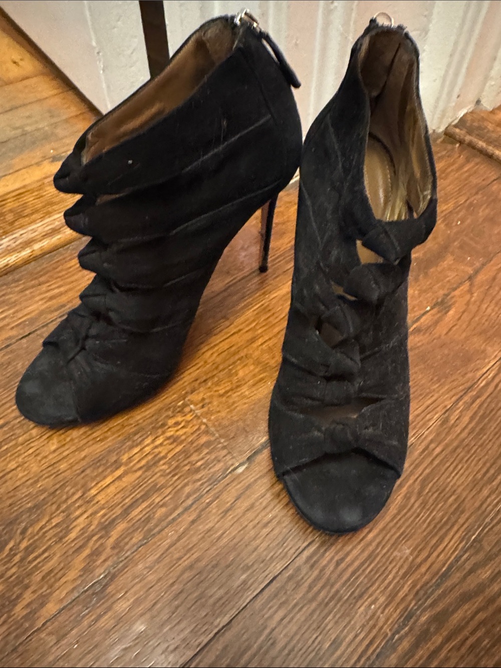 Aquazzura Black Suede Open-Toe Stiletto Booties